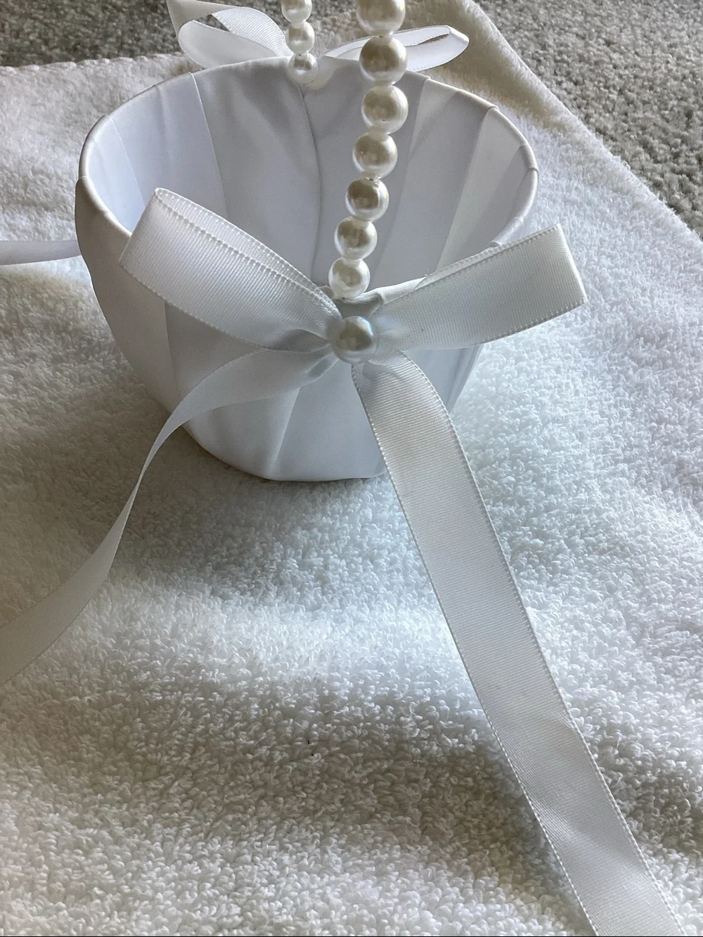 Classic White Satin Flower Girl Basket with Pearl Handle